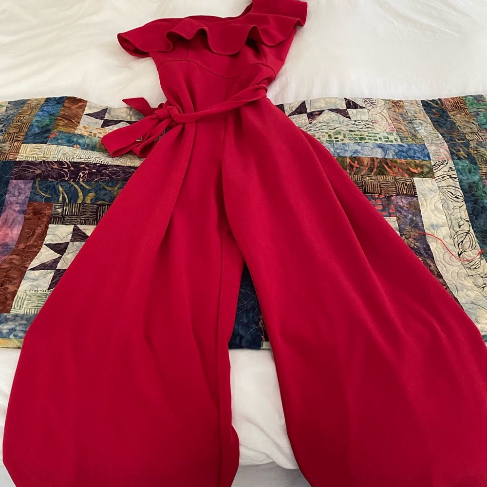 Express One-Shoulder Ruffle Red Jumpsuit - Picture 4 of 4